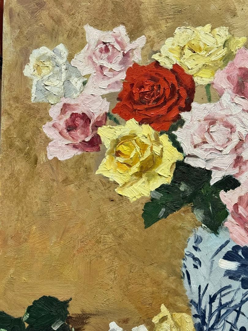 (14) 真作　関川富士郎　直筆サイン入　油彩　絵画　薔薇　アンティーク