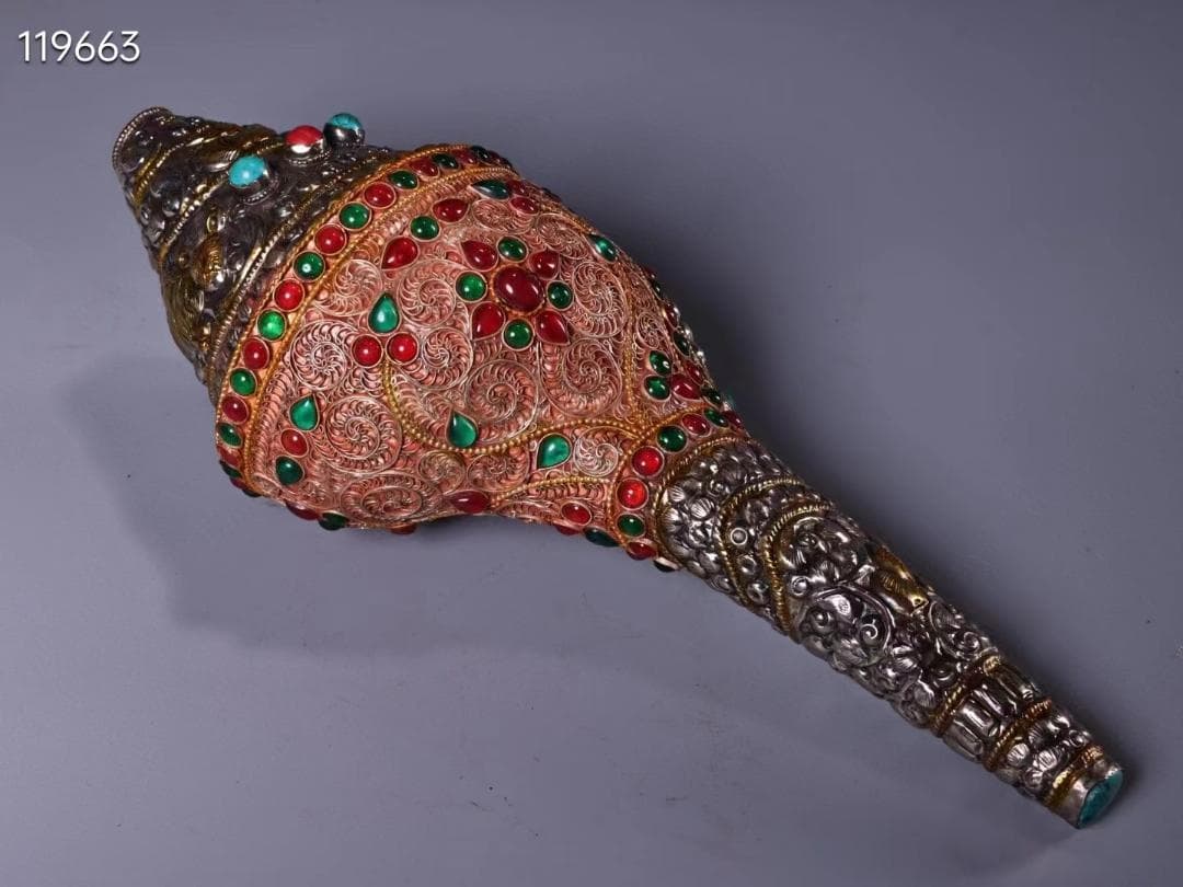 中国古美術・蔵伝工芸・花糸モザイク宝石・天然サザエ包銀 法螺法器・置物・文房具