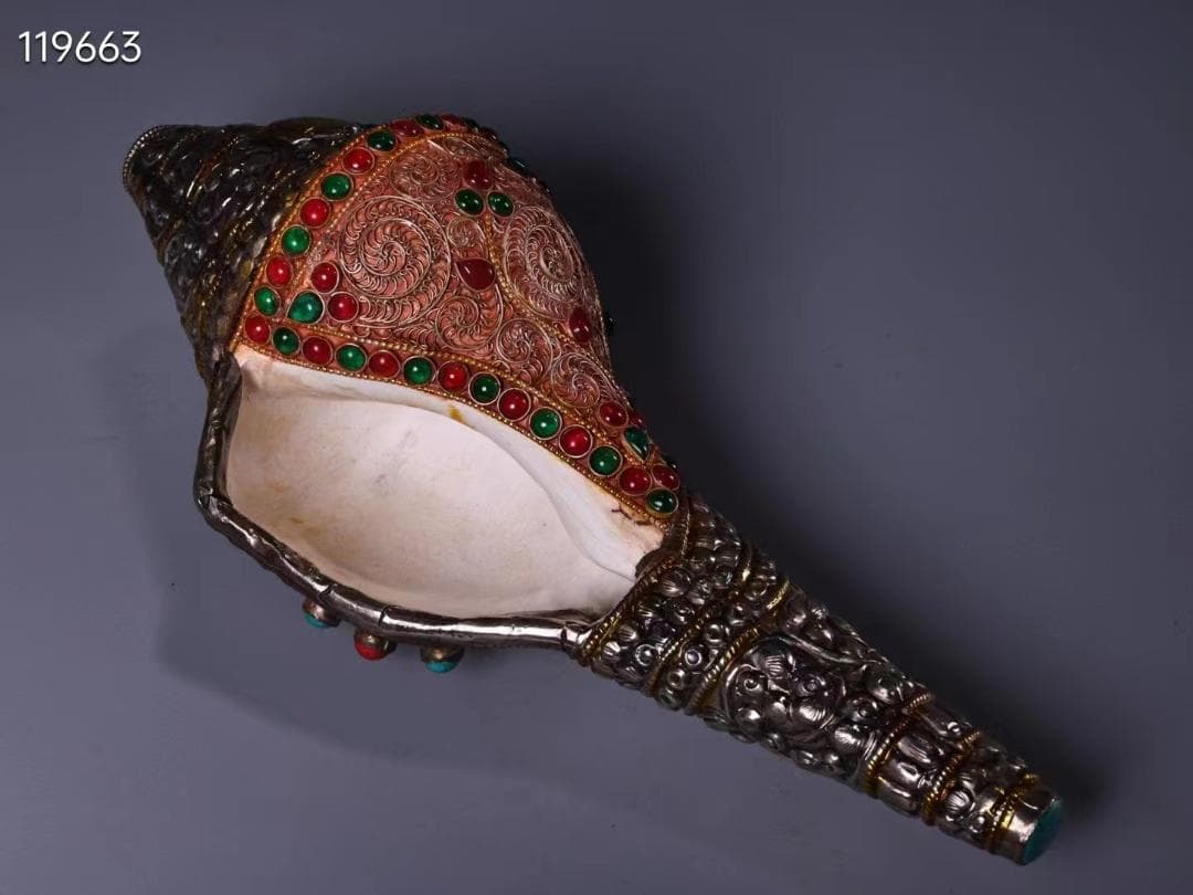 中国古美術・蔵伝工芸・花糸モザイク宝石・天然サザエ包銀 法螺法器・置物・文房具