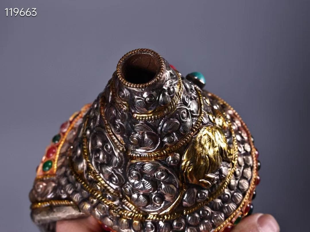 中国古美術・蔵伝工芸・花糸モザイク宝石・天然サザエ包銀 法螺法器・置物・文房具