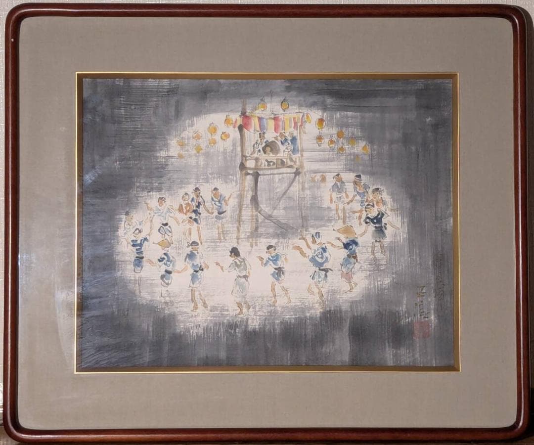 【真作】絵画　小林五浪　日本画6号　盆踊　夏祭りの情景　夜祭の舞　箱入　Z62
