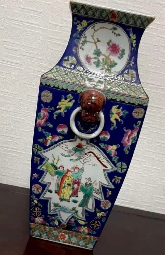 中国 粉彩 色絵 花鳥人物図 双耳四方瓶 古玩 古美術