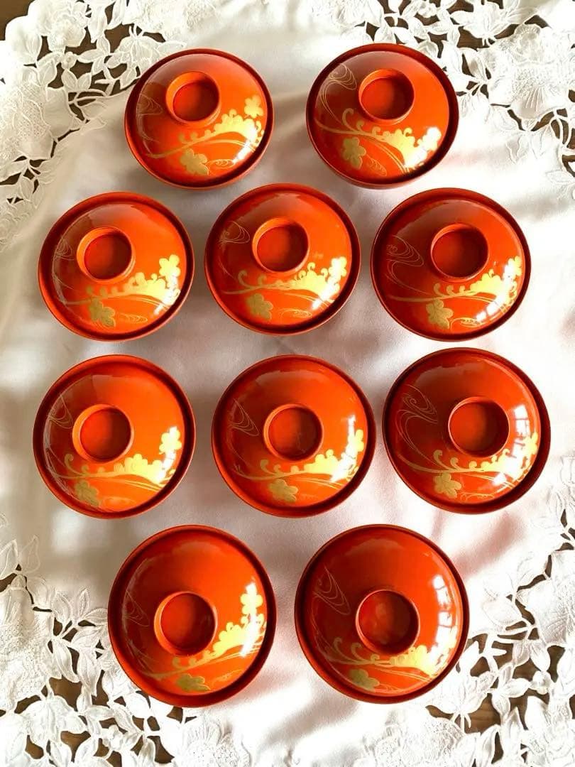 洗朱蒔絵蓋付き吸い物椀　9客　堅地家具師　文吉作　昭和初期　木製　手作り