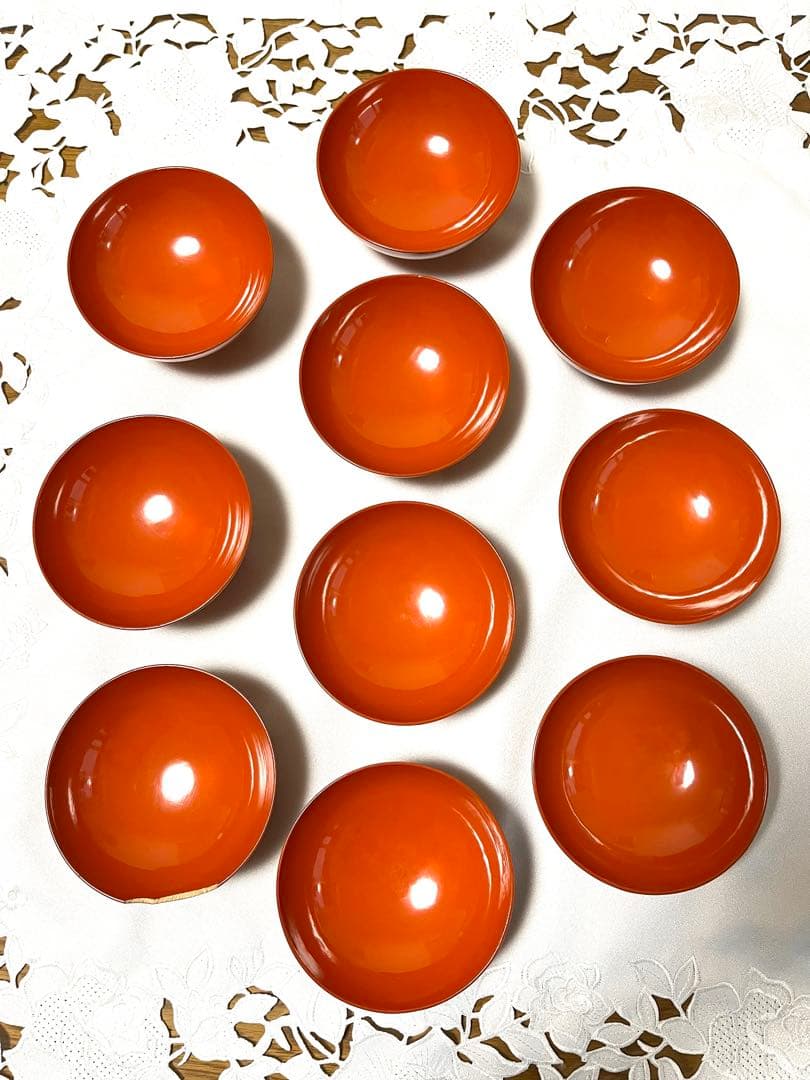 洗朱蒔絵蓋付き吸い物椀　9客　堅地家具師　文吉作　昭和初期　木製　手作り