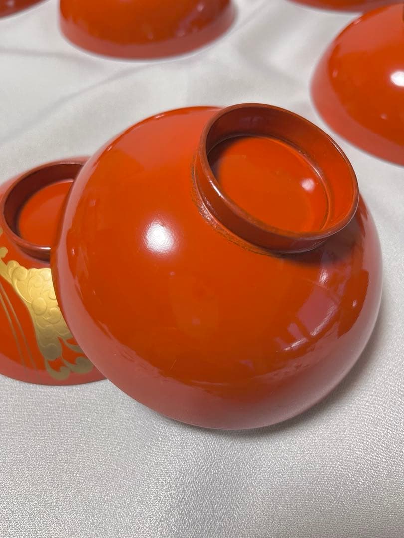 洗朱蒔絵蓋付き吸い物椀　9客　堅地家具師　文吉作　昭和初期　木製　手作り