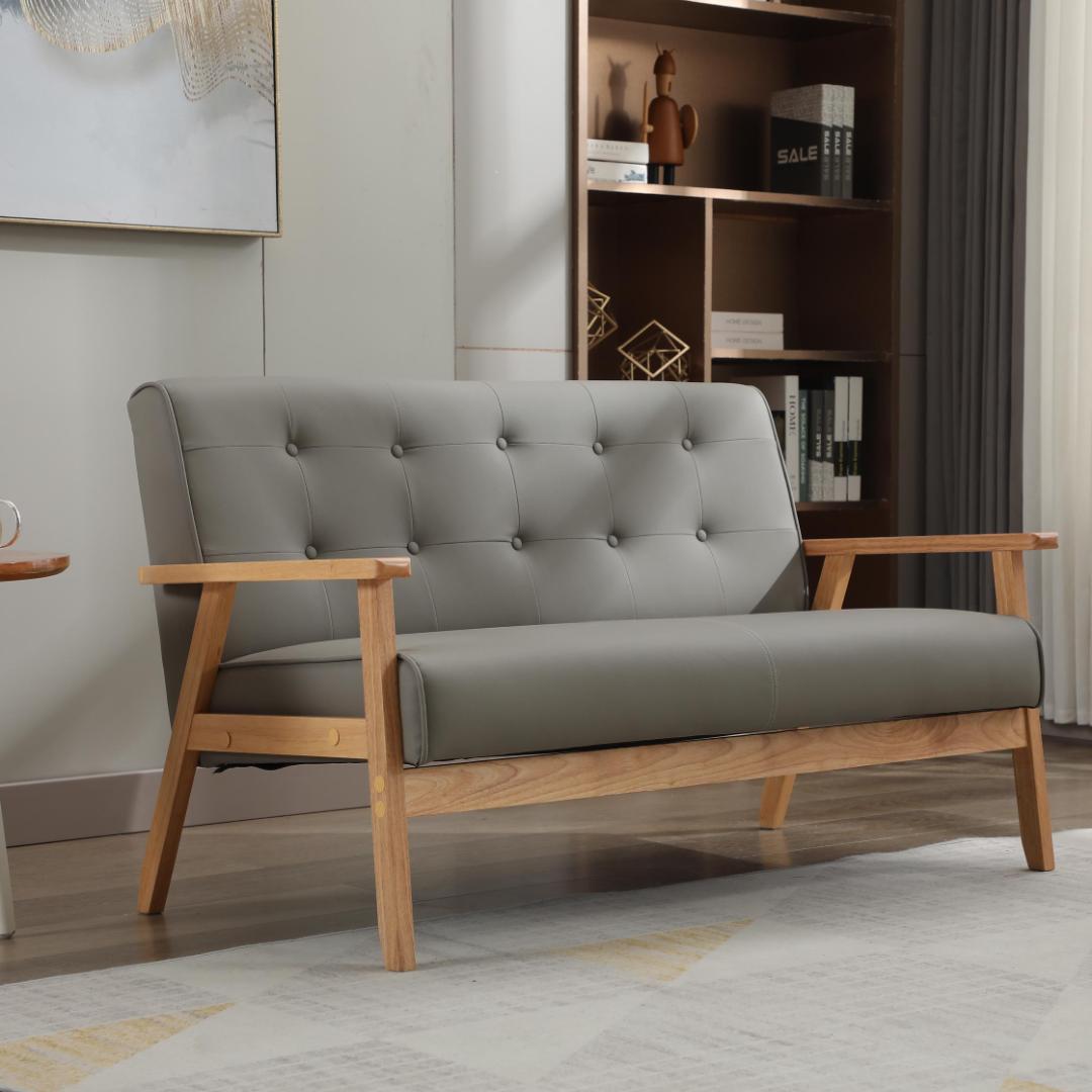 【新品】3人掛けPVCレザーソファ 天然木肘付き 高級感