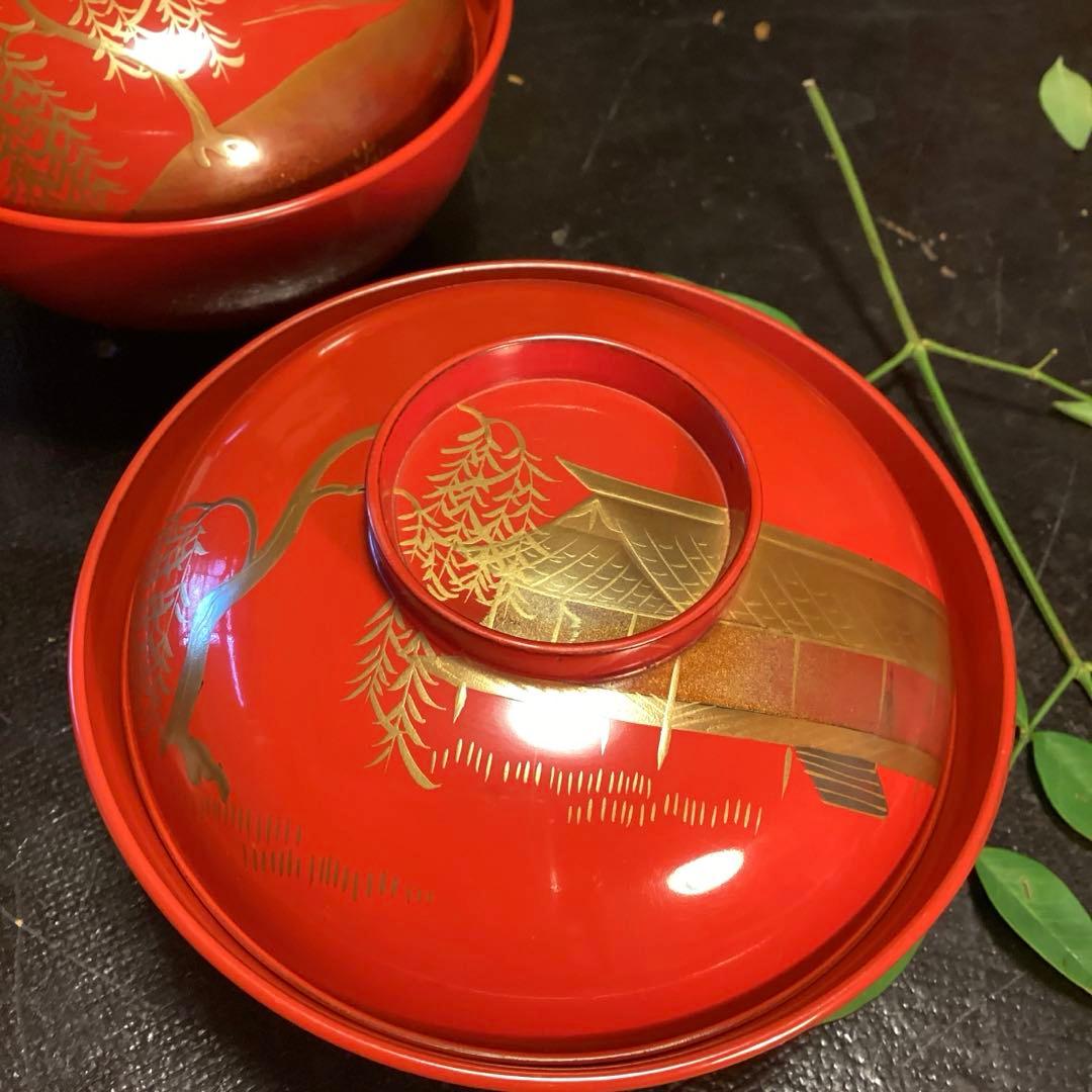 A902木製輪島塗　懐石道具　赤　古典風景蒔絵　　『塗師銘仁左衛門』　５客