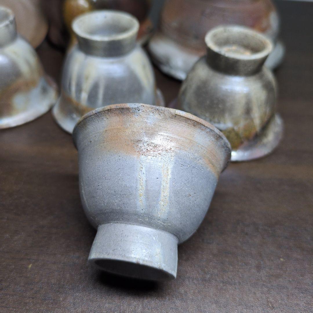 小野田賢一 作 備前 窯変 煎茶器(煎茶碗五客・湯冷まし・宝瓶) 共箱 煎茶道具