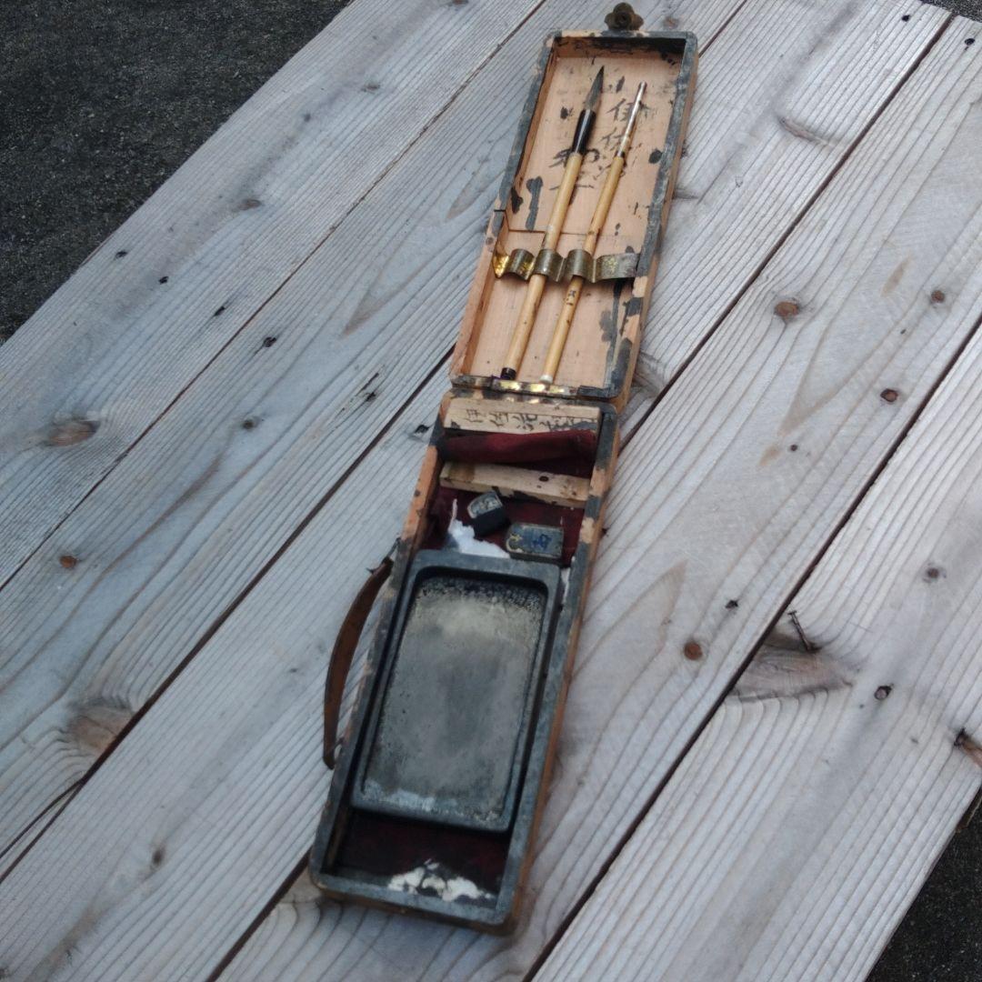 レトロ書道具　木製携帯硯箱