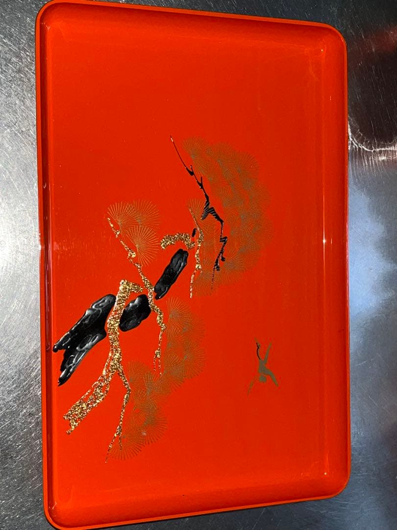 洗朱四ツ揃枠足　錆老松鶴 洗朱四ツ揃お屠蘇 鶴と松の絵柄　&重箱　鶴と松の絵柄