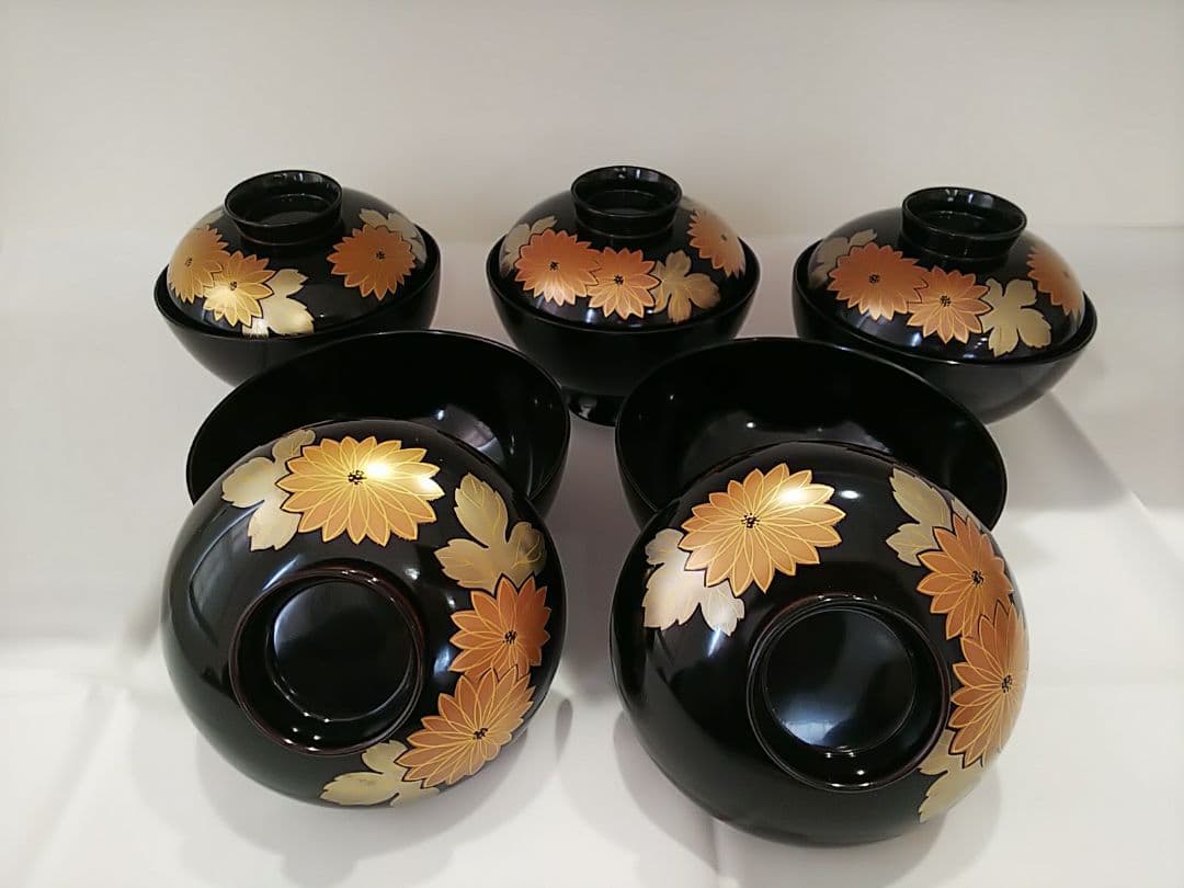 【未使用品】本うるし塗り 天然木加工品 蒔絵 蓋付き 木乾 もくかんしつ 5客