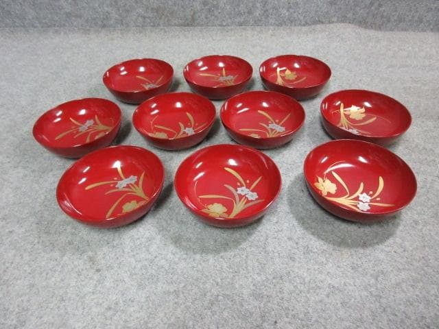 朱塗蒔絵花模様木皿10枚 [B25358]