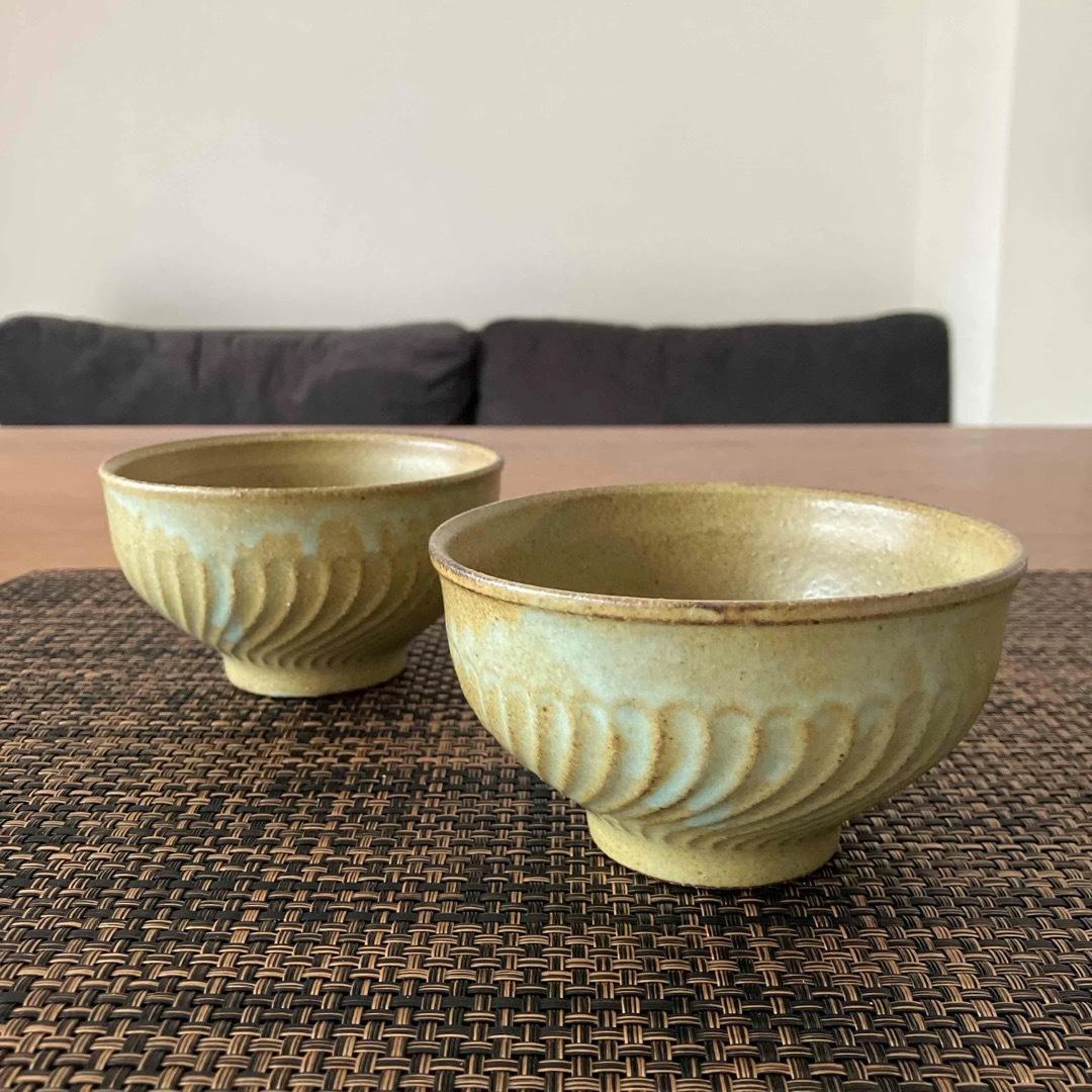 青緑色 波状模様 陶器 茶碗 2個セット