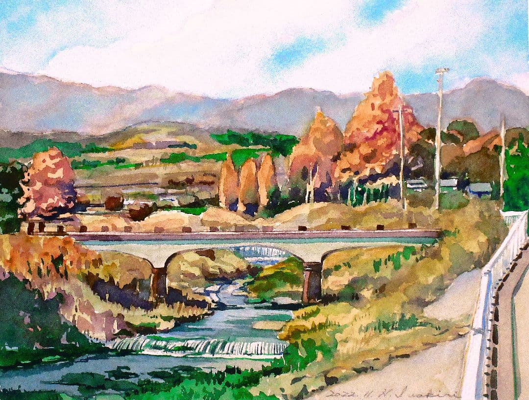 秋の風景 水彩画 橋の絵