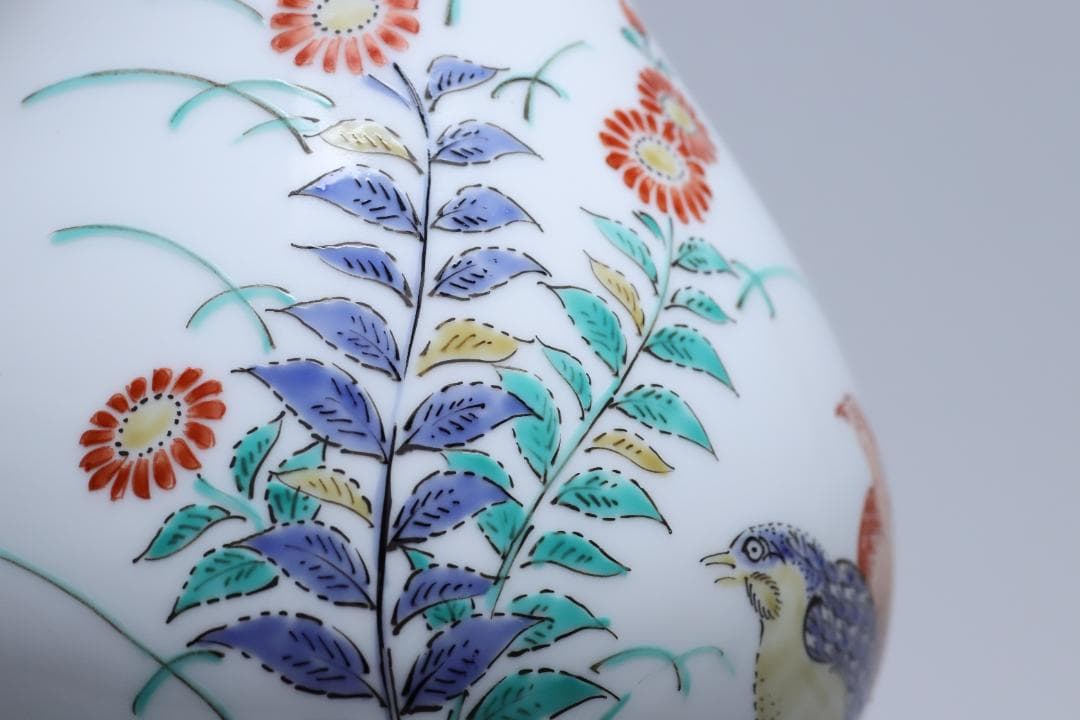 十四代酒井田柿右衛門　錦秋草鶉文花瓶　共箱　美品　柿右衛門　有田焼【正一古美術】