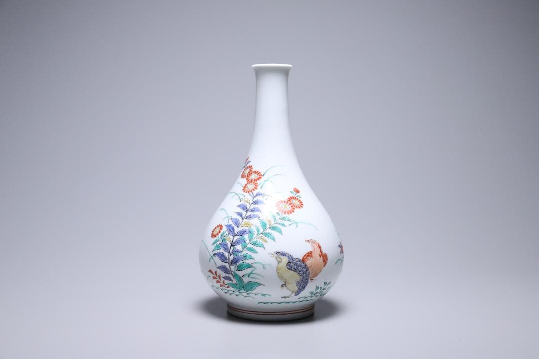 十四代酒井田柿右衛門　錦秋草鶉文花瓶　共箱　美品　柿右衛門　有田焼【正一古美術】