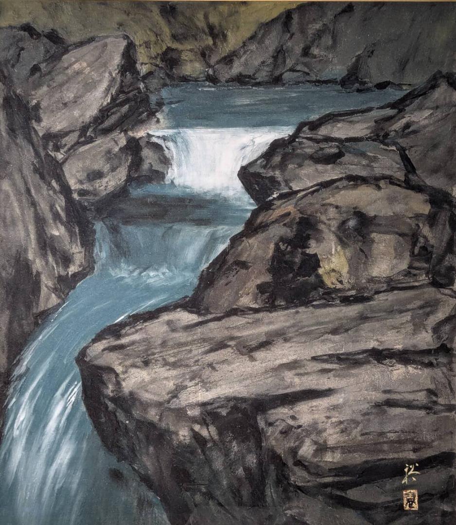 【真作】絵画　水島裕　日本画10号　滝　渓谷の響き　山間の清流　箱入　U43