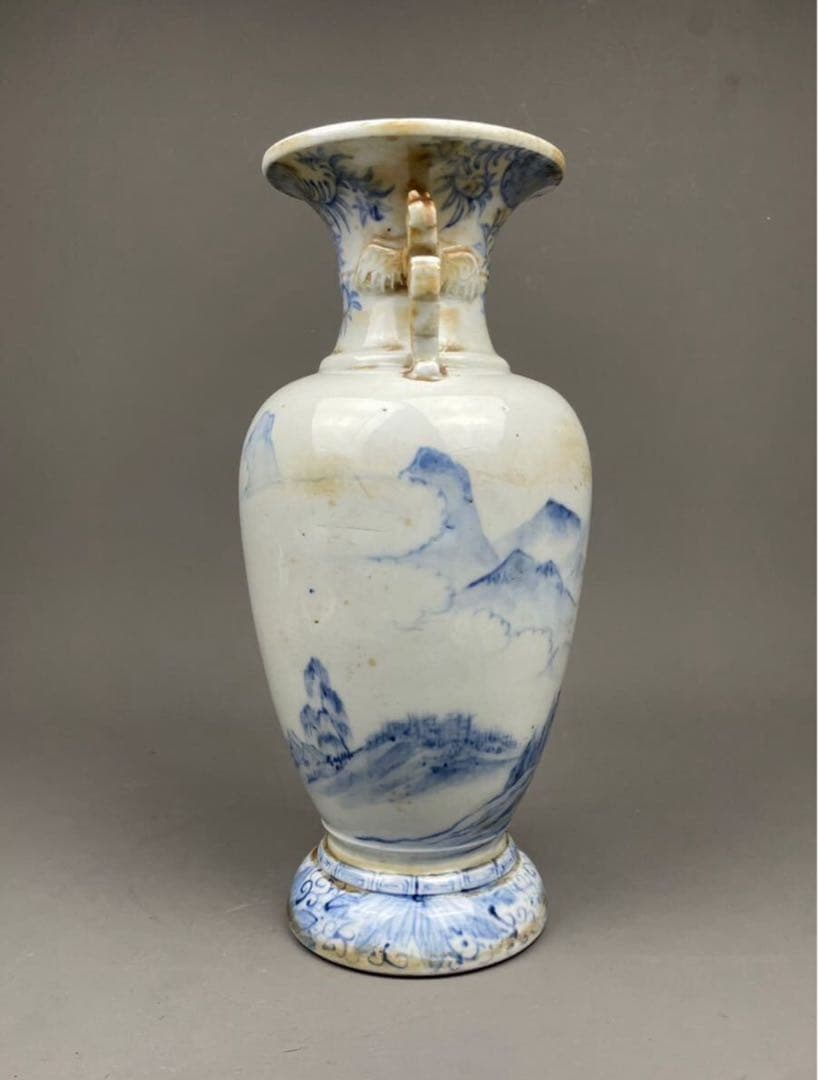 平戸焼 耳付花瓶 双耳 染付 飾壺 茲朗窯 山水図 本時代 希少品 白磁 花器