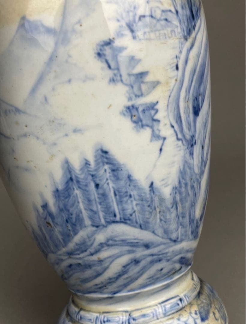 平戸焼 耳付花瓶 双耳 染付 飾壺 茲朗窯 山水図 本時代 希少品 白磁 花器