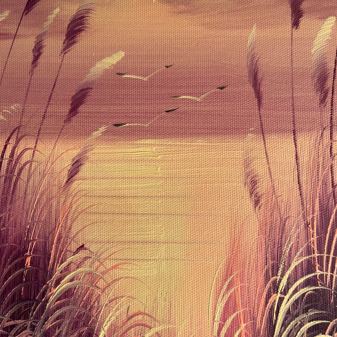 手書き油絵 湖と渡り鳥 額付き 肉筆絵画 インテリア 油彩画