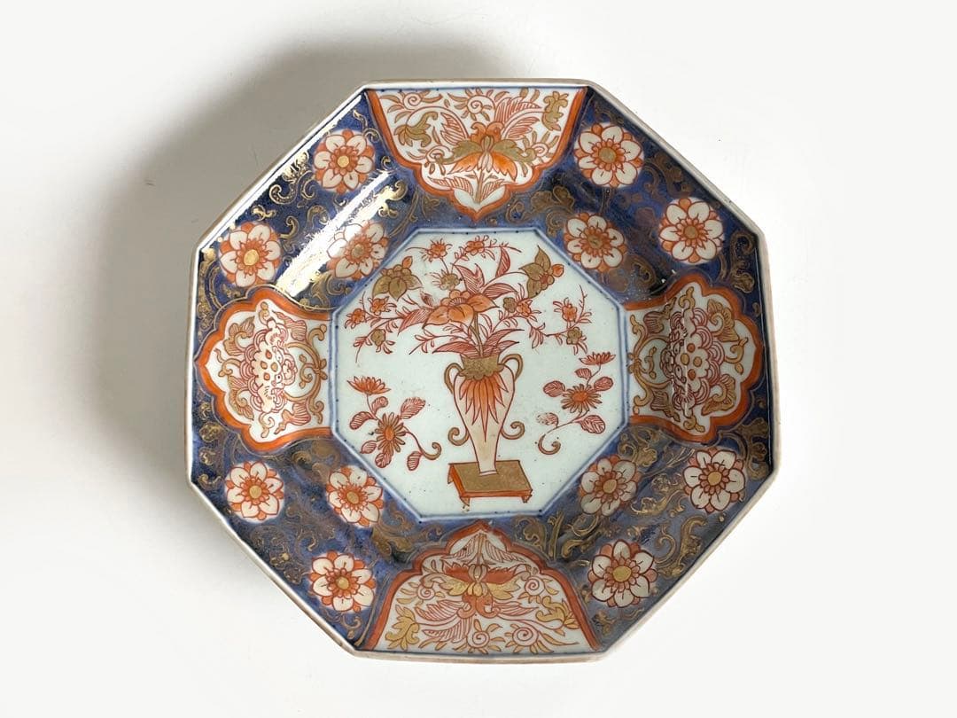 骨董　アンティーク　古伊万里　色絵花瓶獅子図八角皿　輸出伊万里　元禄　輸出手