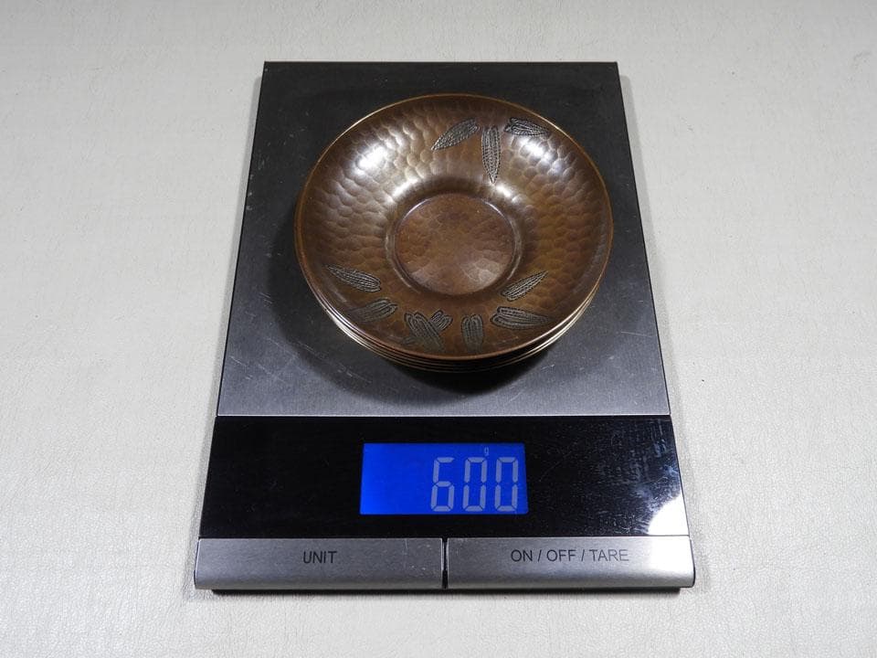 ●玉川堂 笹文 揃い 茶筒 + 茶托五客 鎚起銅 銅製 銅器 黄布 栞 共箱入り