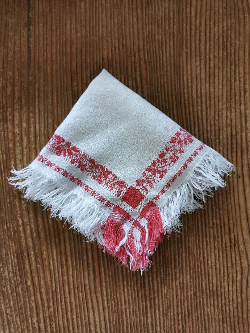 アンティーク フランス ダマスク織レッドリネンクロス 三つ葉のリーフモチーフ