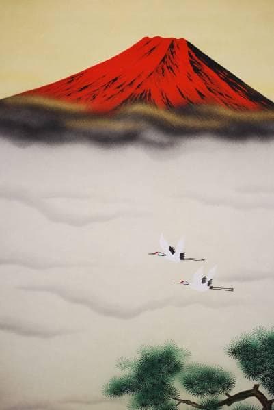 真作/秀峰/赤富士/舞鶴図/桐共箱付/布袋屋掛軸HC-316