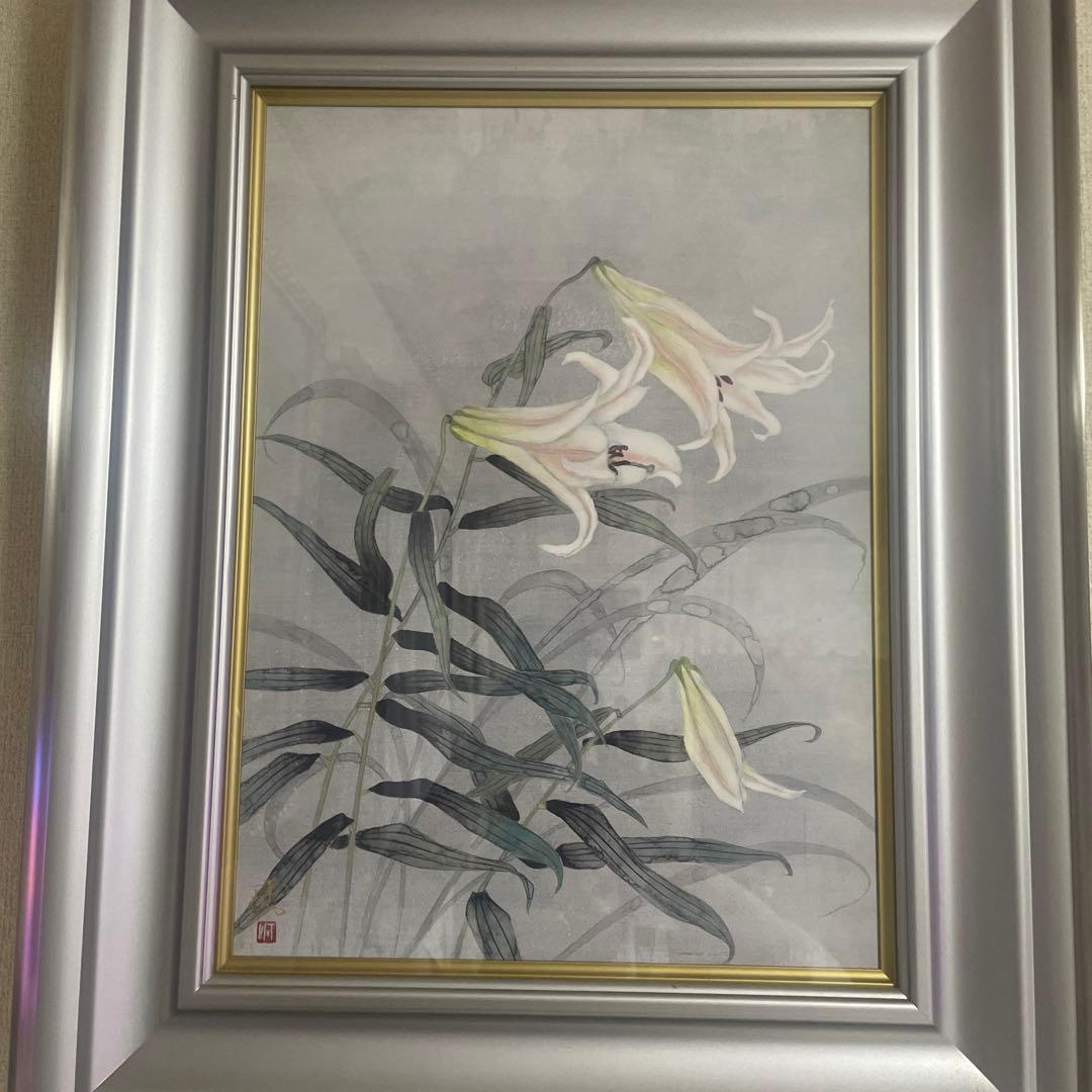 白いユリの日本画 シルバーフレーム付き
