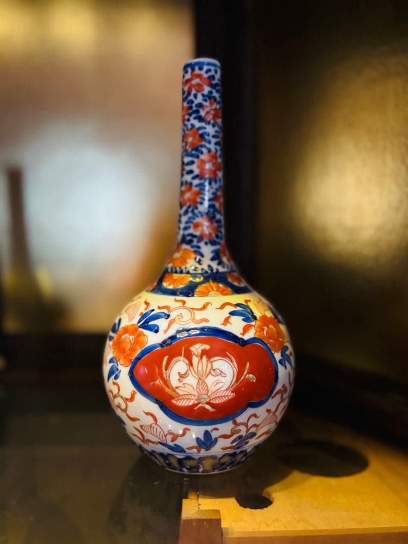 古伊万里　色絵　鶴首　赤絵草花図　徳利　花入　花器 花瓶 花生 古美術