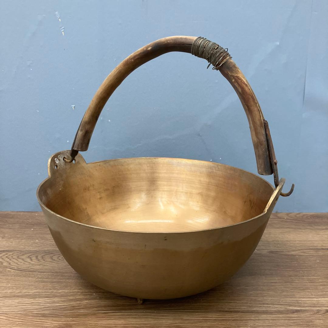 E-2 ヴィンテージ 真鍮製 持ち手付きボウル 天然木ハンドル 菓子器 古道具