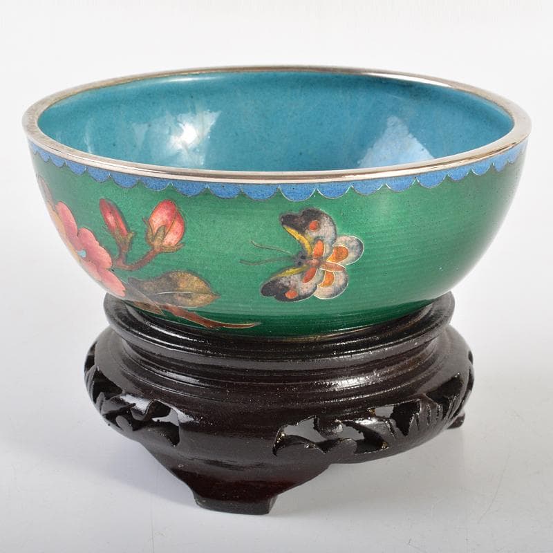 中国　古七宝　緑透釉　銀線象嵌　花蝶文　小鉢　唐木台付　M　R6842