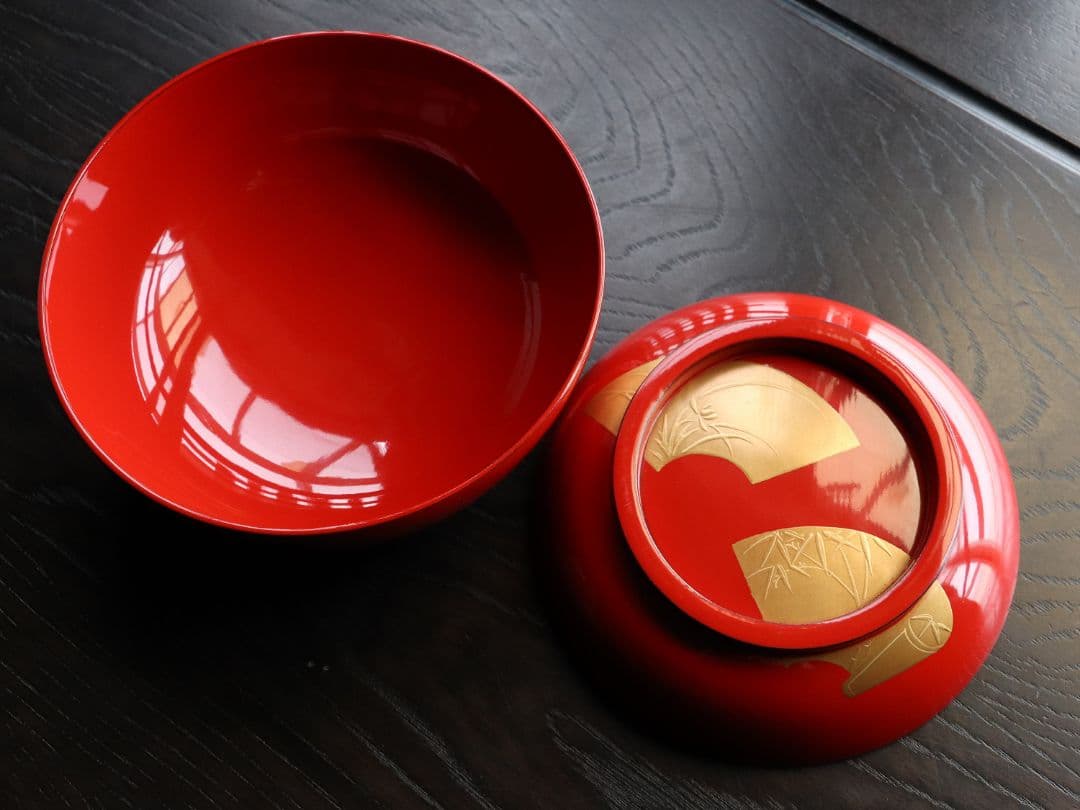 CK87 輪島塗 扇面四君子 金蒔絵 朱塗椀 三客 木製漆器 / 茶懐石 菓子椀