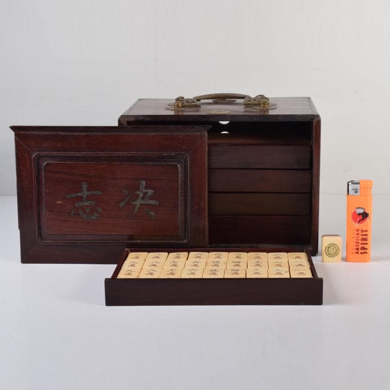 中国　竹嵌　骨牌　背竹牌　麻雀牌　唐木箱付　D　7900