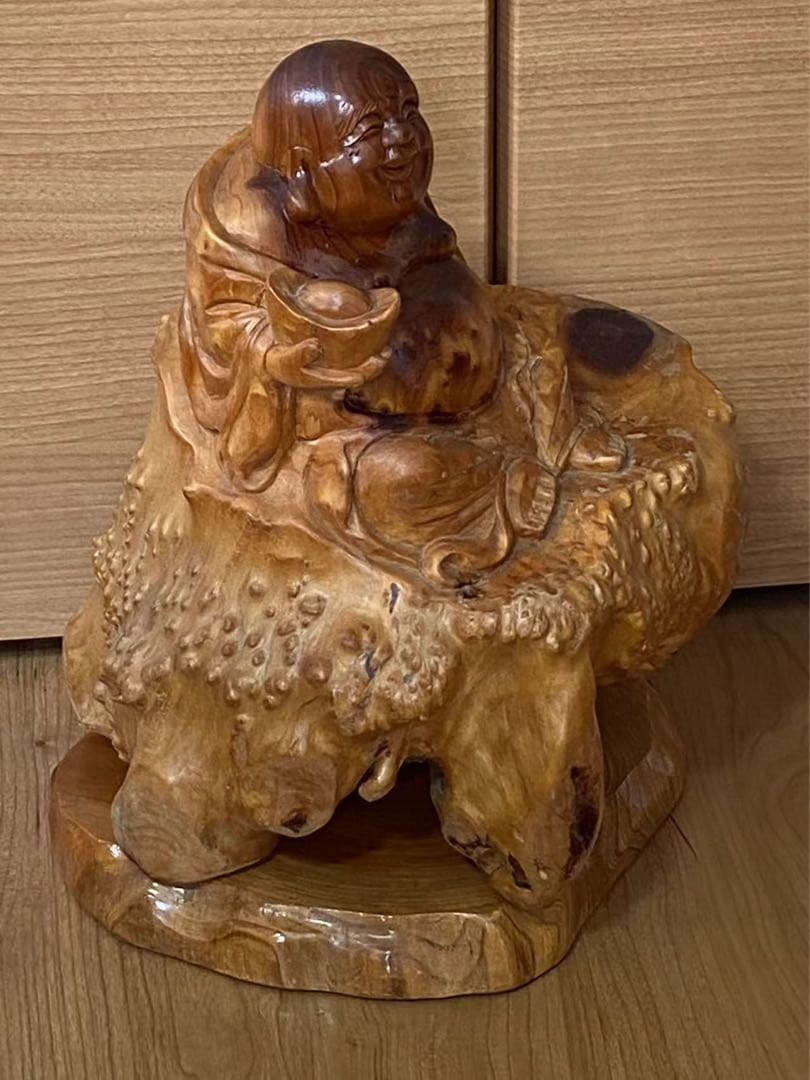 縁起物 天然木根彫七福神 布袋様一刀彫木彫置物
