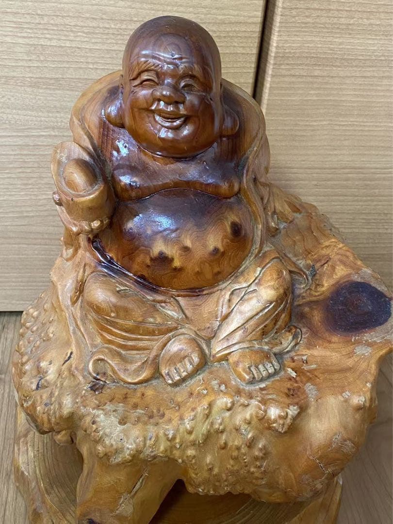 縁起物 天然木根彫七福神 布袋様一刀彫木彫置物