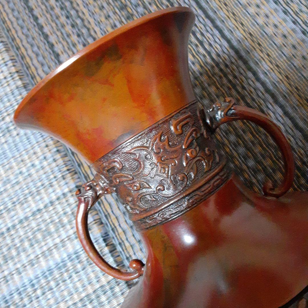 古い耳付高岡天龍銅器花瓶/茶華道活花飾/伝統工芸鋳物饕餮文様/吉祥赤銅龍泉堂在銘