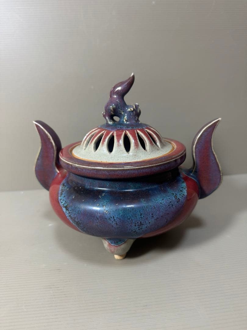 2183 香春焼 辰砂　獅子香炉