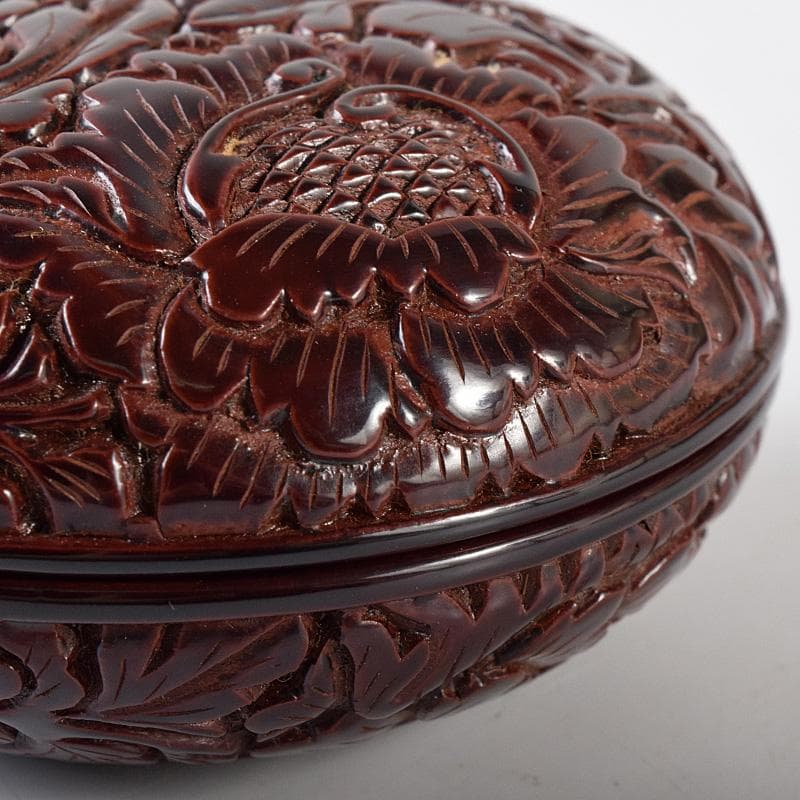 無形文化財　三野原晃一作　村上堆朱　牡丹文　棗　香合　共箱　2点　M　R8069