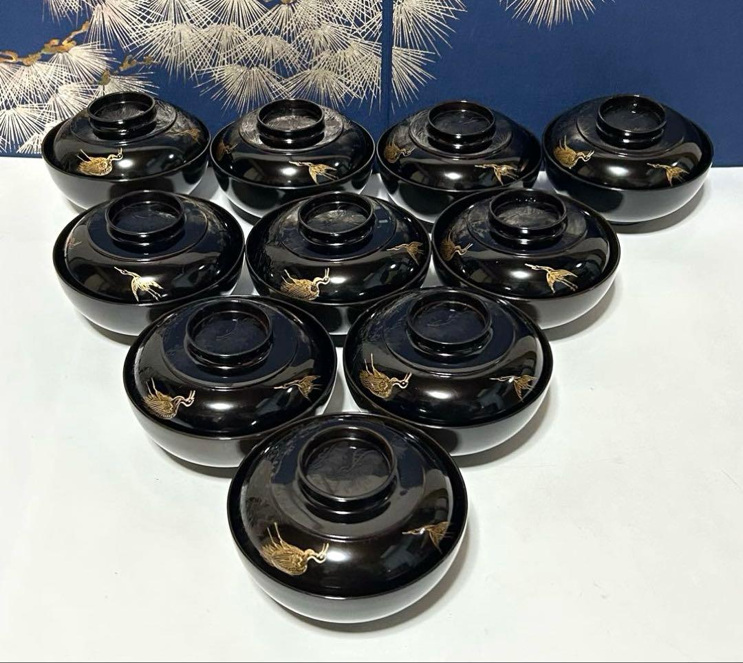 輪島塗　蒔絵　漆器 吸物椀 多用椀 松竹梅　金色鶴彫刻 10個セット