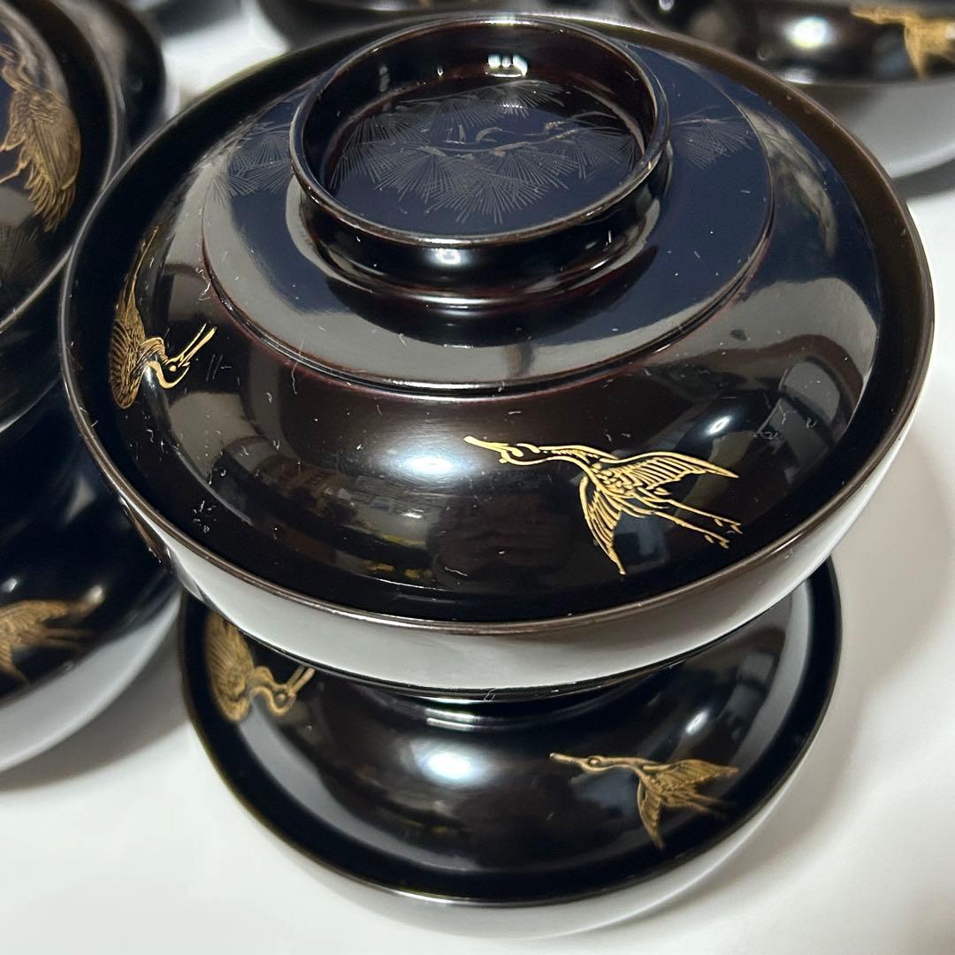 輪島塗　蒔絵　漆器 吸物椀 多用椀 松竹梅　金色鶴彫刻 10個セット