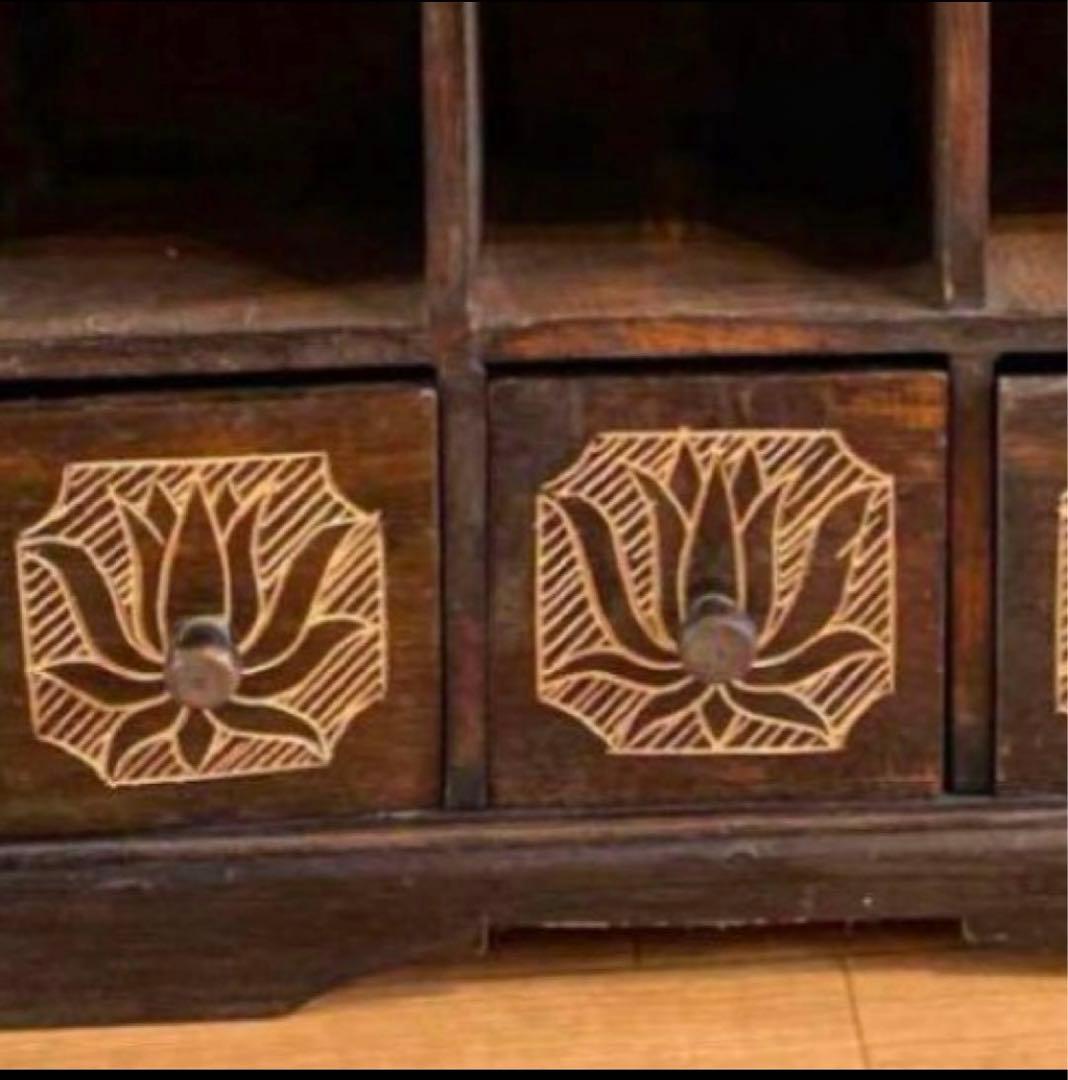 レトロアンティーク家具アジアン家具ディスプレイ棚木製家具ロータス蓮の花手彫り彫刻