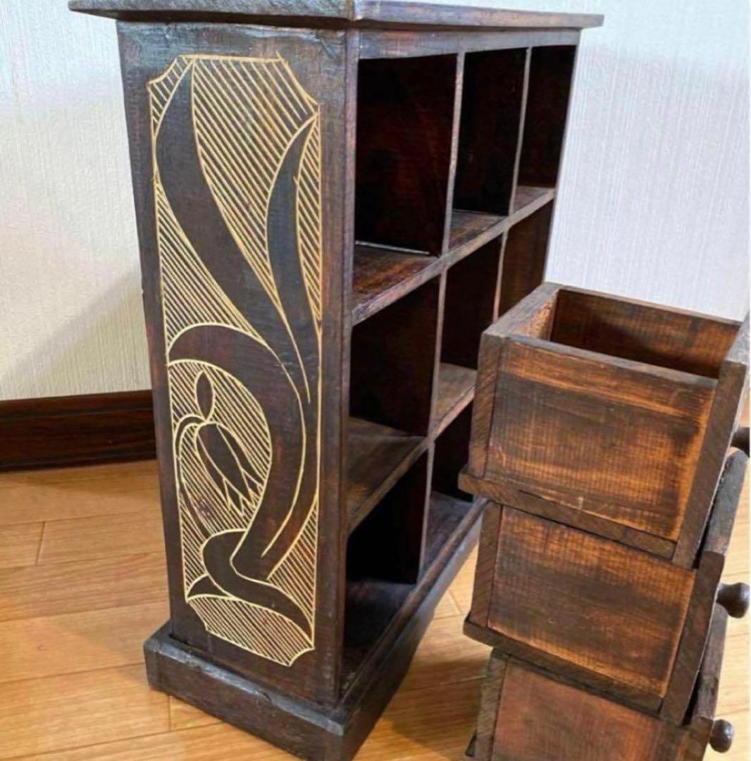 レトロアンティーク家具アジアン家具ディスプレイ棚木製家具ロータス蓮の花手彫り彫刻