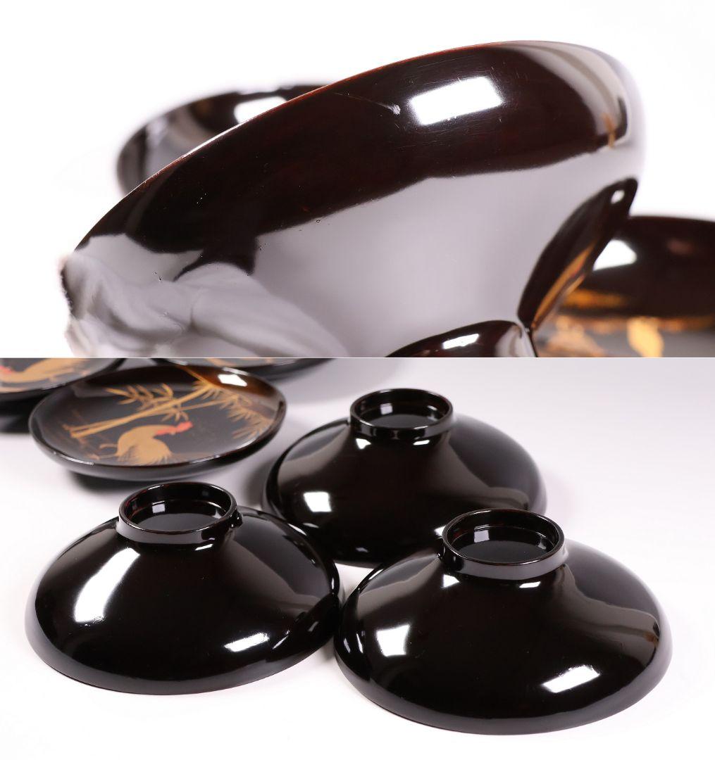 【CM353】時代蒔絵椀 竹に鶏金蒔絵 平椀三客 木製 /(検) 輪島塗加賀能登