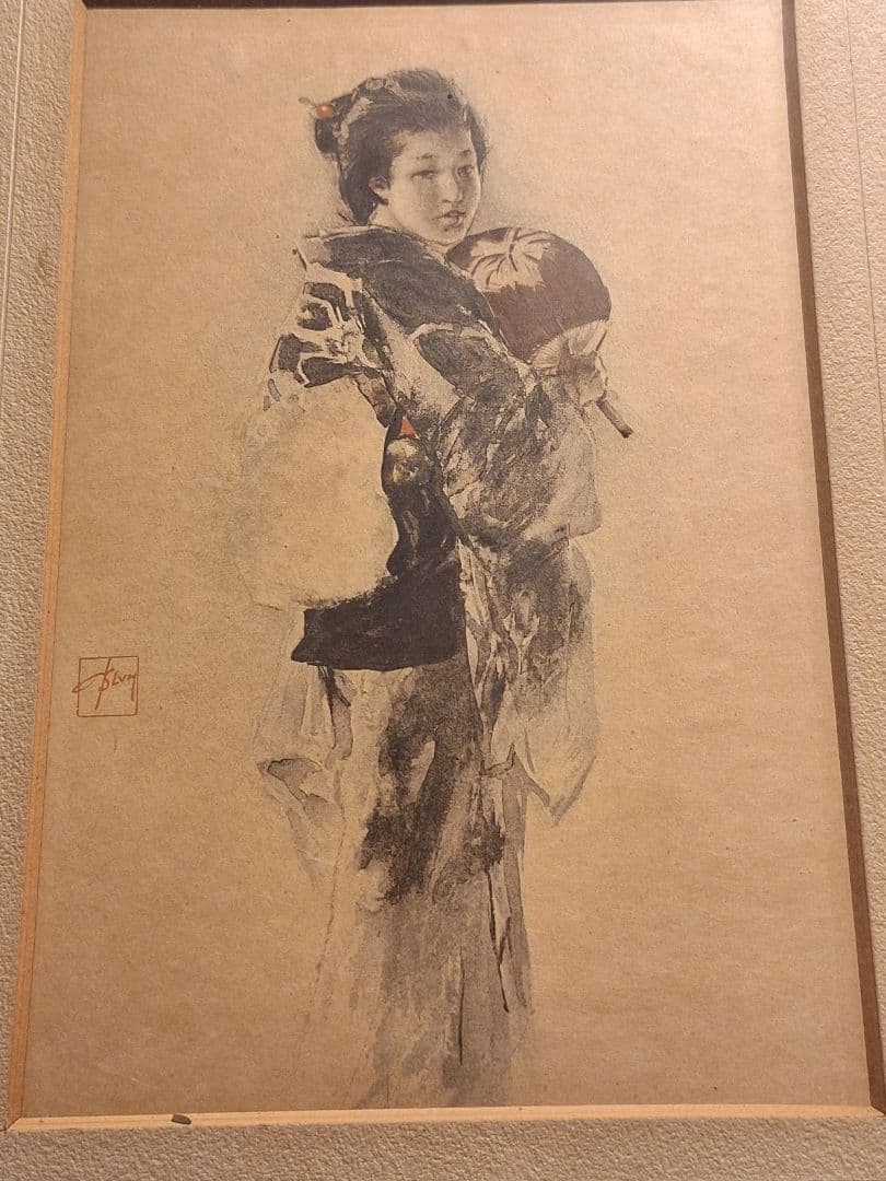 ロバートFブルムの木版画女性の肖像「The Musmee」サイン入1891年明治