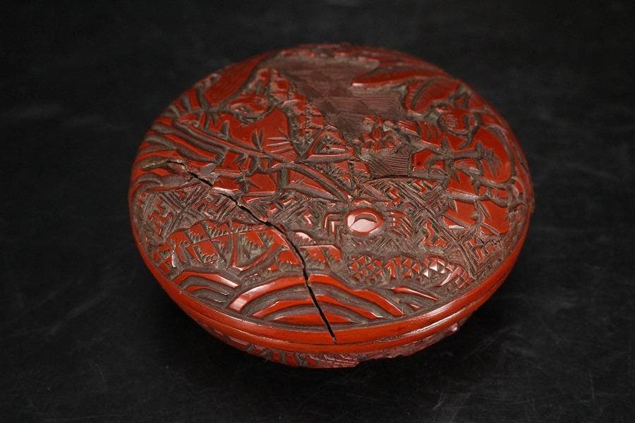 中国美術 堆朱 刻 林行唐子図 香合 蓋物 旧家蔵出