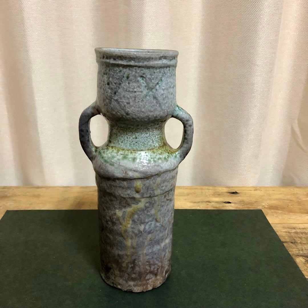 佐久知炎仙 秘色南蛮花器 茶道具 共箱 耳付花入