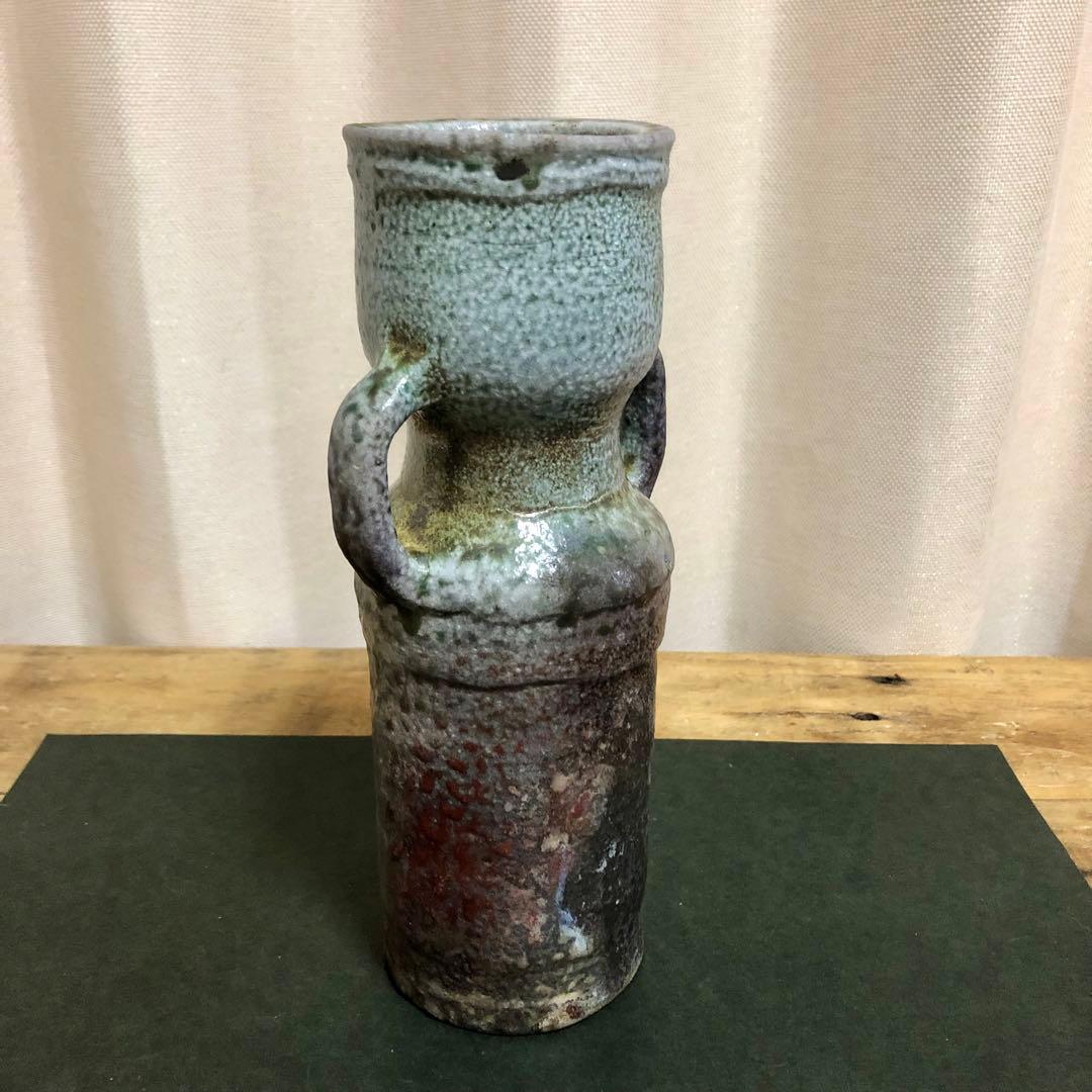 佐久知炎仙 秘色南蛮花器 茶道具 共箱 耳付花入