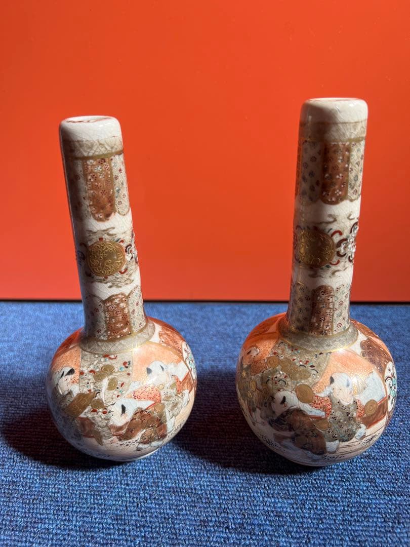 804 オールド薩摩　金彩色絵　花瓶　一対　時代物