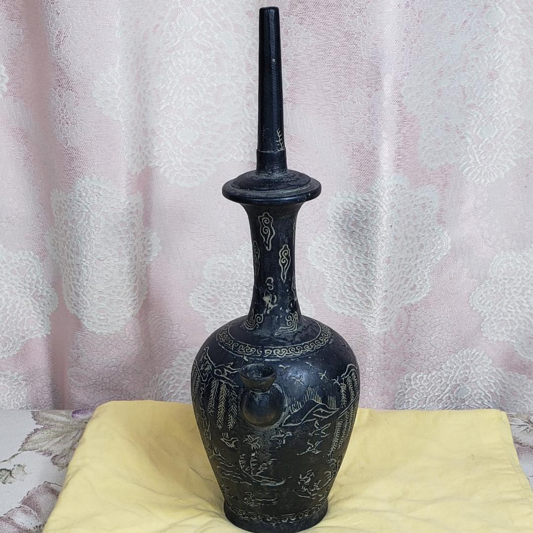 ◆『高麗銀象嵌蒲柳水鳥紋浄瓶』水瓶 銅瓶◆検）新羅仏 百済仏 仏像 天平仏 空海